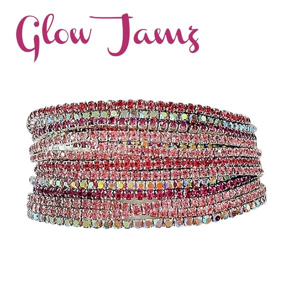"Glow Jamz": Your Daily Dose of Dazzle Pink Rhinestone 10 Strand Set Bracelet - Picture 3 of 3